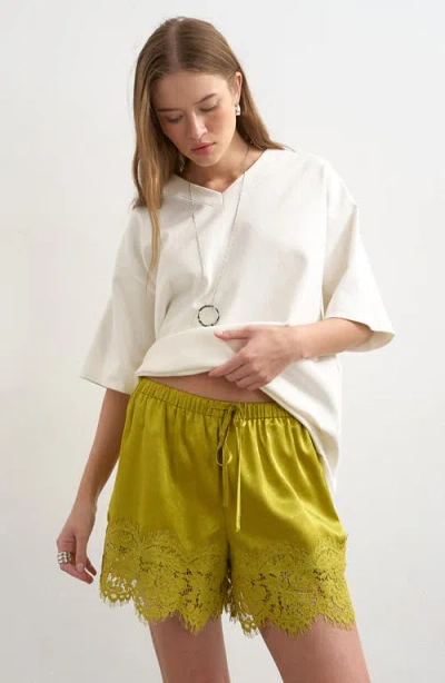 Topshop Crinkle Satin & Lace Shorts In Yellow