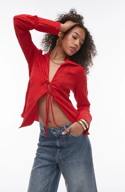 Topshop Tie Front Crinkle Top In Red