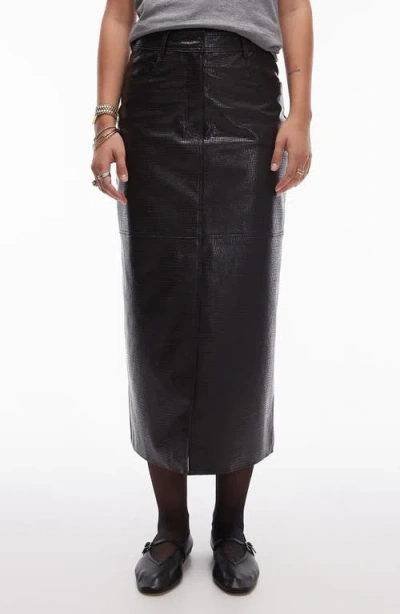 Topshop Croc Embossed Faux Leather Midi Skirt In Black