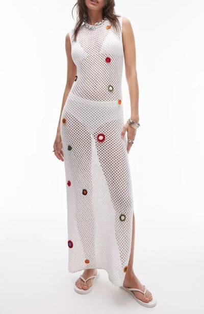 Topshop Crochet Embellishment Mesh Stitch Jumper Dress In Cream