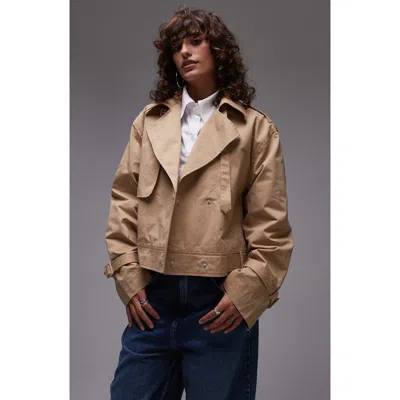 Topshop Crop Cotton Trench Coat In Stone