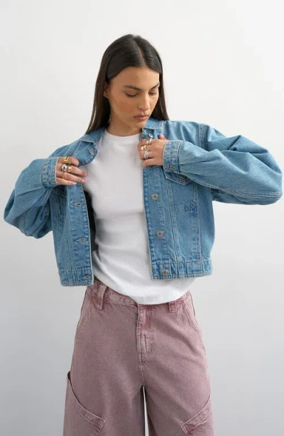 Topshop Denim Cropped Padded Shoulder Jacket In Blue