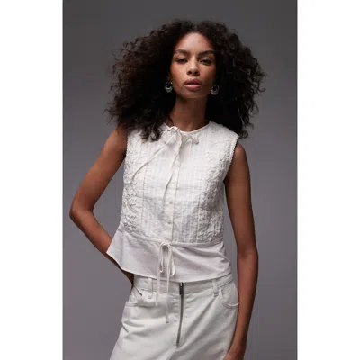 Topshop Cross Hatch Sleeveless Top In White