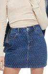 Topshop Crystal Studded Denim Miniskirt In Blue