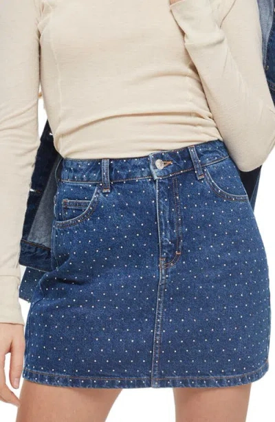 Topshop Crystal Studded Denim Miniskirt In Blue