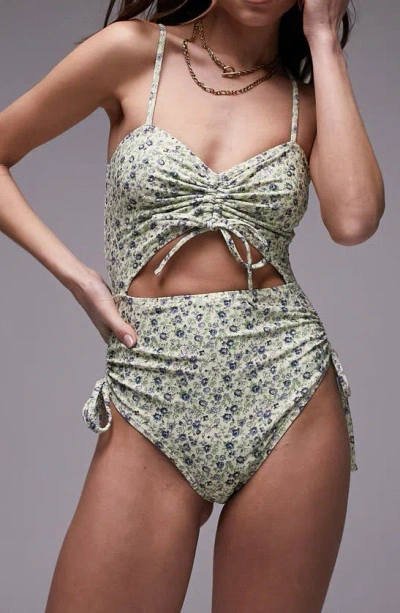 Topshop Cutout One-piece Swimsuit In Green Multi