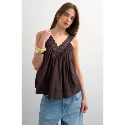 Topshop Deep V-neck Lace Trapeze Top In Brown