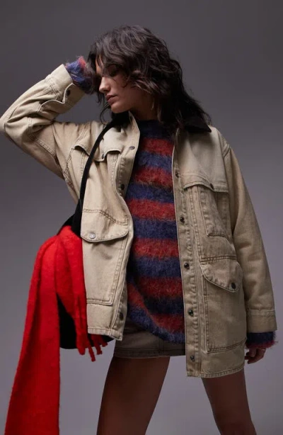 Topshop Denim Barn Jacket With Cord Collar In Beige-neutral