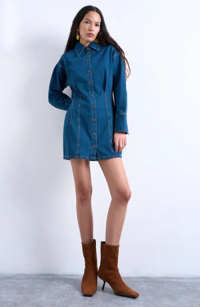 Topshop Denim Button-up Mini Shirtdress In Blue