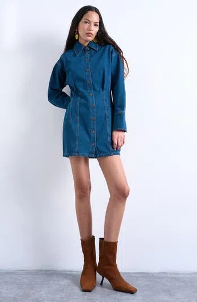 Topshop Denim Button-up Mini Shirtdress In Blue