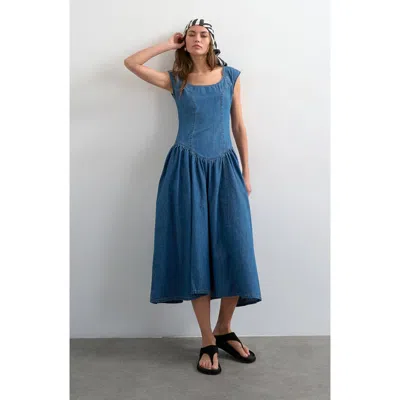 Topshop Denim Drop Waist Dress In Blue