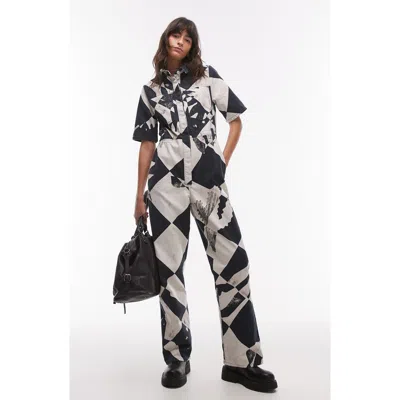 Topshop Distressed Geo Print Cotton Jumpsuit In Multi