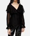 Topshop Dotted Sheer Chiffon Ruffle Waist Tie Blouse In Black In Black