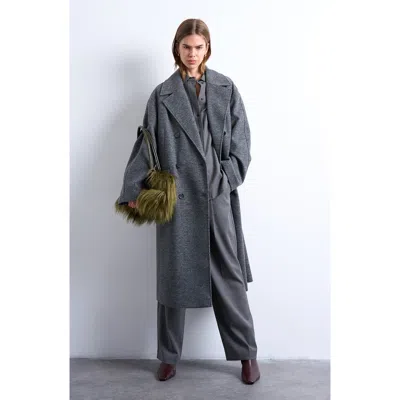 Topshop Double Breasted Long Coat In Gray