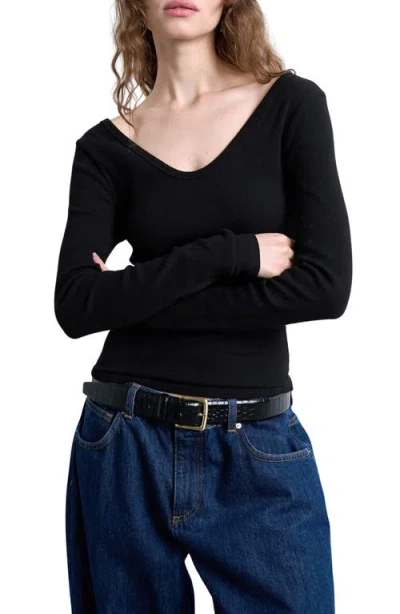 Topshop Double V-neck Long Sleeve Stretch Cotton Rib Top In Black