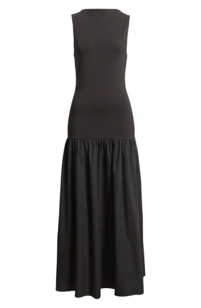Topshop Drop Waist Mixed Media Maxi Dress In Black