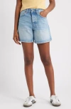 Topshop Editor High Waist Mid Thigh Denim Shorts In Blue