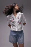 TOPSHOP EMBROIDERED CROP COTTON & LINEN SHIRT