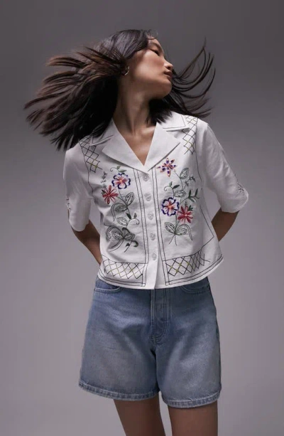 Topshop Embroidered Crop Cotton & Linen Shirt In White