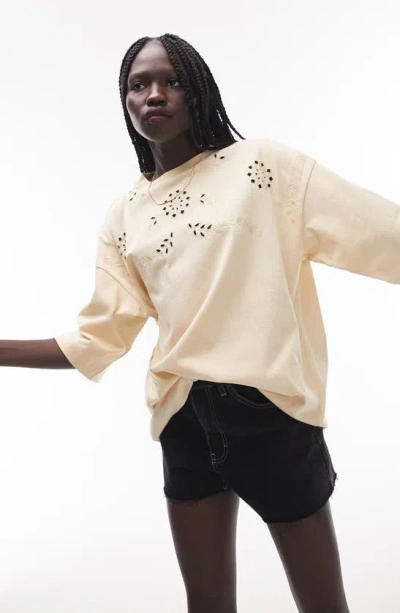 Topshop Embroidered Eyelet Detail Cotton Top In Neutral