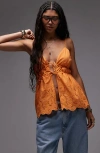 Topshop Embroidered Eyelet Tie Front Cotton Camisole