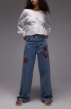 Topshop Embroidered Mid Rise Relaxed Straight Leg Jeans