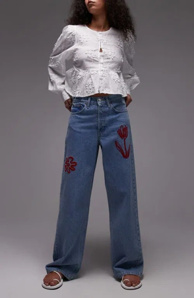 Topshop Embroidered Mid Rise Relaxed Straight Leg Jeans