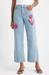 Topshop Embroidered Mid Rise Relaxed Straight Leg Jeans In Blue