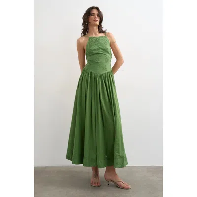 Topshop Embroidered Open Back Cotton Maxi Dress In Green