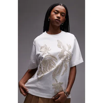 Topshop Embroidered Floral Raffia Oversized Tee In White