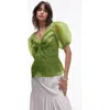 Topshop Embroidered Puff Sleeve Top In Green