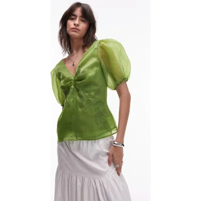 Topshop Embroidered Puff Sleeve Top In Green