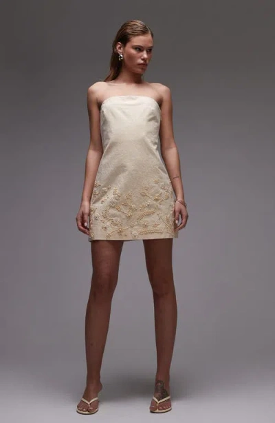 Topshop Embroidered Strapless Minidress In Neutral