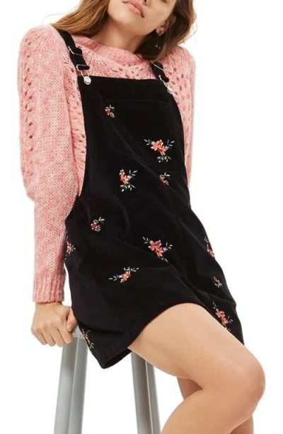 Topshop Embroidered Velvet Pinafore Dress In Black Multi