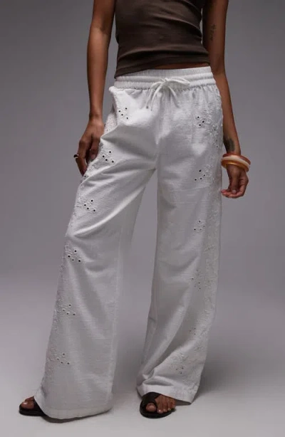 Topshop Eyelet Embroidered Wide Leg Cotton & Linen Drawstring Pants In White