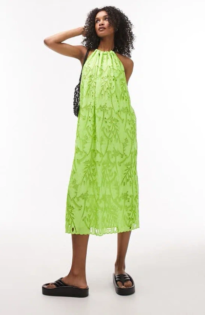 Topshop Embroidered Tie Halter Neck Midi Dress In Lime-green