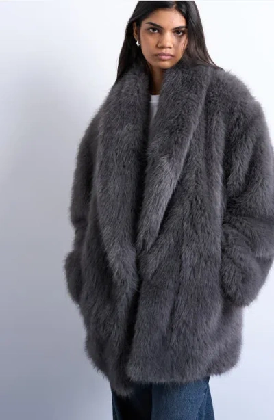 Topshop Faux Fur Midi Coat In Gray