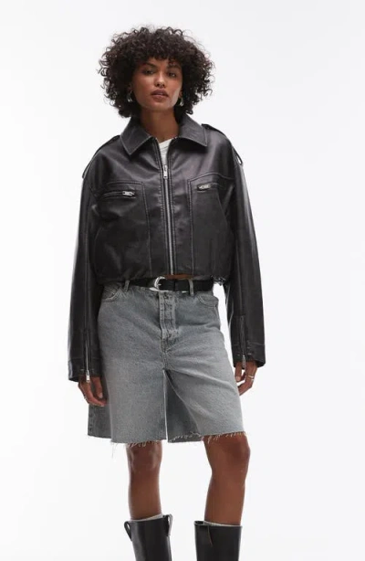 Topshop Faux Leather Bomber Jacket In Black