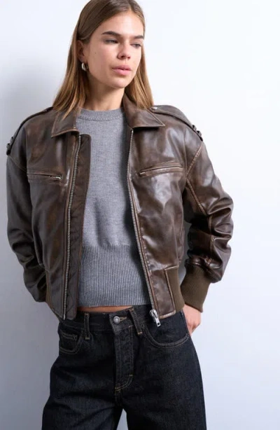 Topshop Faux Leather Ovoid Sleeve Bomber Jacket In Brown