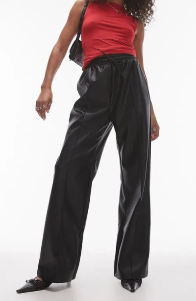 Topshop Faux Leather Wide Leg Drawstring Pants In Black