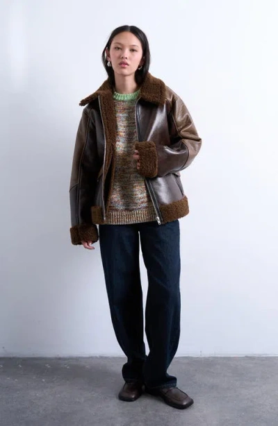 Topshop Faux Shearling & Faux Leather Patchwork Jacket In Brown