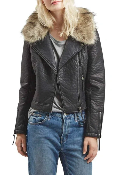 Topshop Faux Leather Moto Jacket With Removable Faux Fur Collar In Black