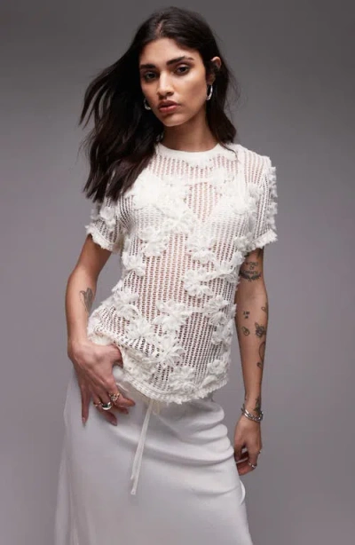 Topshop Floral Appliqué Sheer Open Stitch T-shirt