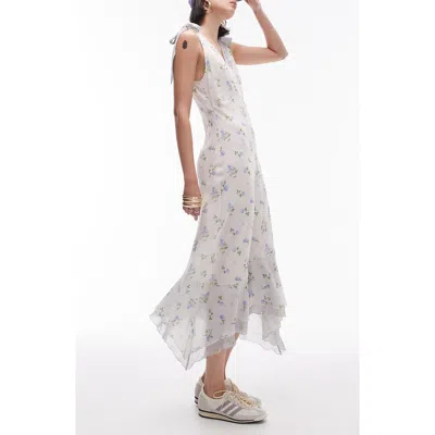 Topshop Floral Bow Strap Handkerchief Hem Dress In White