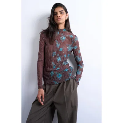Topshop Floral Colorblock Crinkle Mesh Top In Brown