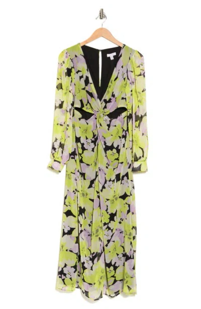 Topshop Floral Cutout Twist Front Long Sleeve Chiffon Midi Dress In Green Multi