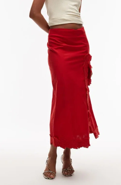 Topshop Floral Embroidered Cotton Midi Skirt In Red