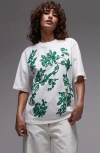 Topshop Floral Embroidered Oversize Cotton T-shirt In White