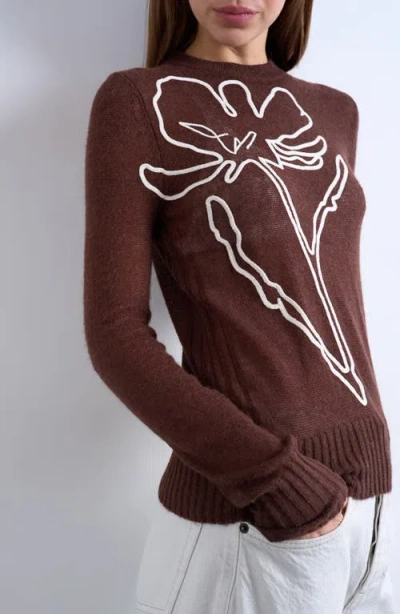 Topshop Floral Embroidered Semisheer Sweater In Brown