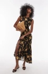 Topshop Godet Hem Boutique Occasion Midi Dress In Brown Floral In Brown